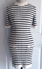 CHANEL 23C MONTE CARLO NAVY BLUE ECRU KNIT STRIPE CC LOGO  MINI DRESS 36