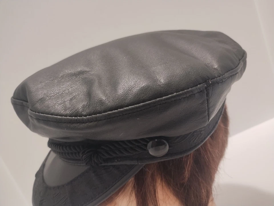 Vintage Cabbie Newsboy Leather Cap Hat Black USA Rope Trim - Image 3 of 4