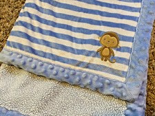  1T WOW LN Carter's Blue Striped MONKEY Plush Velour Sherpa baby crib Blanket