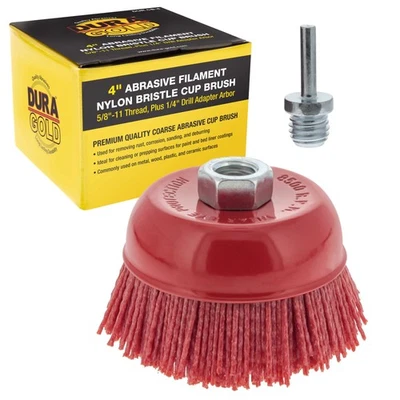 DURA-GOLD 4" Abrasive Filament Nylon Bristle Cup Brush, Sanding Scuffing, 5/8" Thread 1/4"