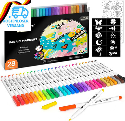 Shuttle Art Textilstifte Waschmaschinenfest, 28 Farben Textilmarker Set Mit 11 V