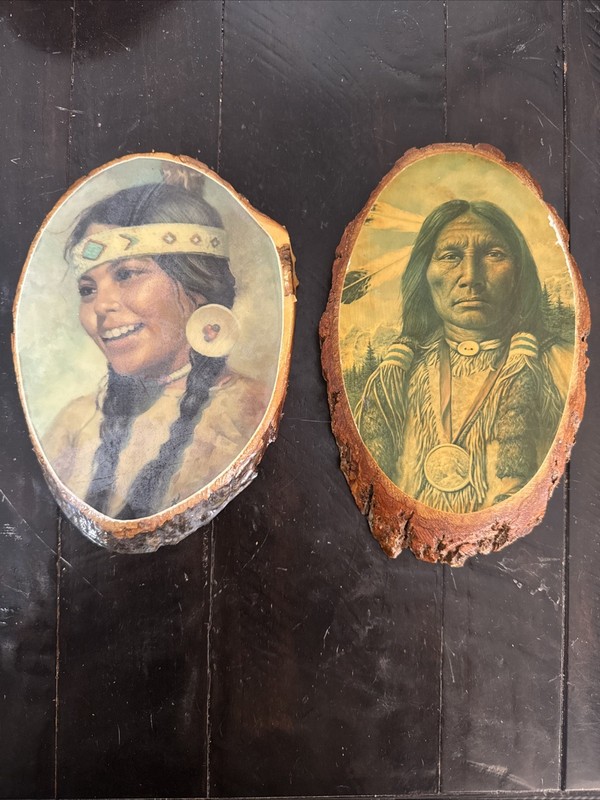 2 VINTAGE Wood Live Edge Picture Native American Indian Art