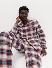 Marks & Spencer Mens Cotton Long sleeved Checked Pyjamas in Ecru Mix - M&S