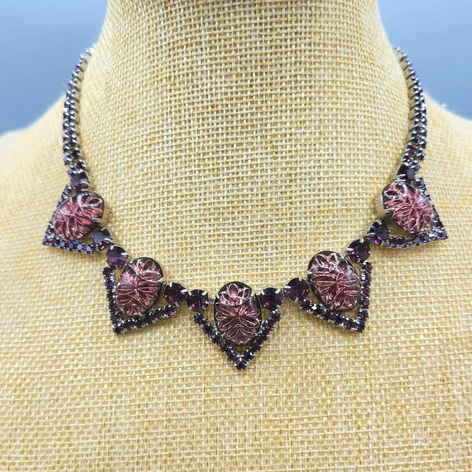 Vintage Purple Reversed Carved Art Glass Cab Rhinestone Necklace 15" & Earrings - Image 4 of 4