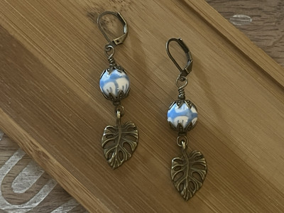 New Boho Blue & White Floral Ceramic And Bronze Monstera Leaf Earrings
