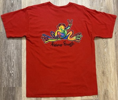 Vintage Peace Frogs T-Shirt Size Large Red Double-Sided Y2K Rainbow Frog