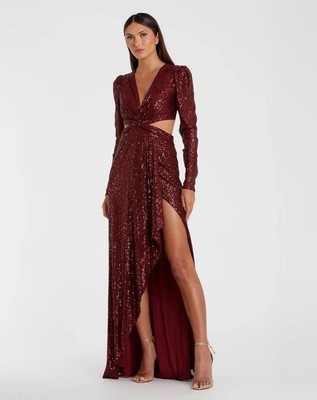 mac duggal red dress long sleeve Red Embellished High Neck Long Sleeve A Line Gown