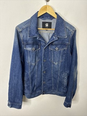 G star Jacket Mens M blue denim button Biker Light Distress Jean 3301 Slim