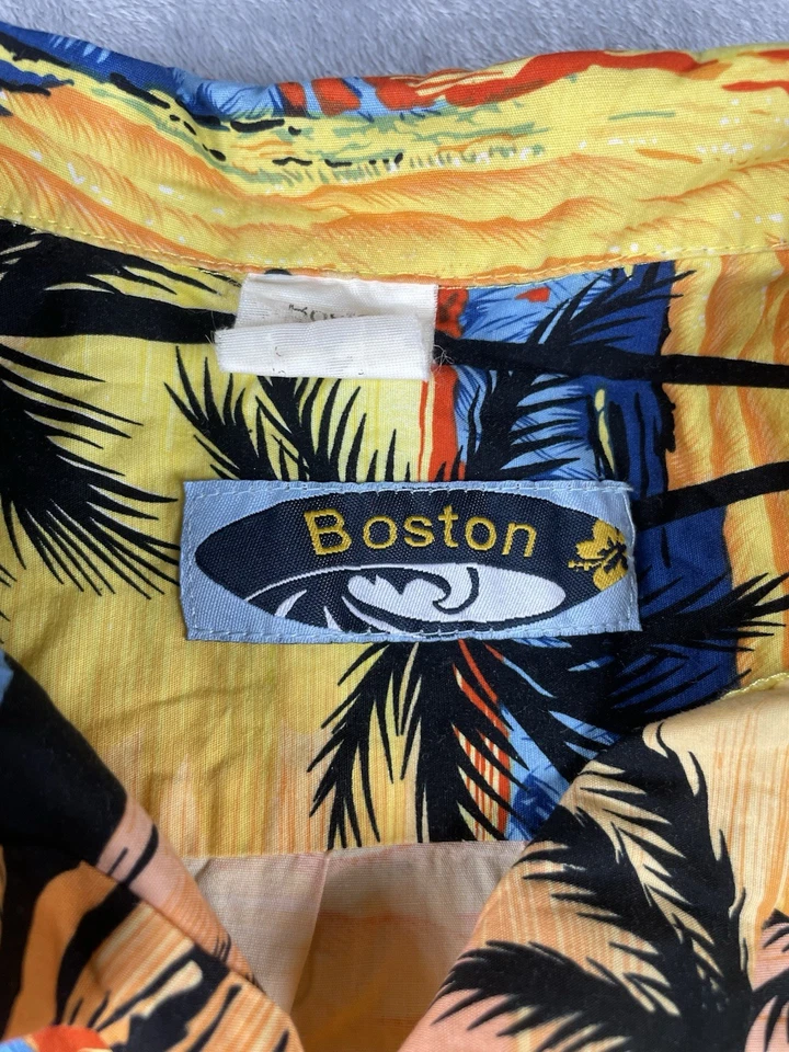 Hawaiian Shirt Bright Yellow Cotton Palm Trees Floral Size M L Festival Beach - Image 4 of 4