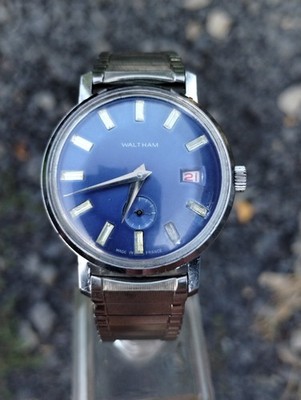 Vintage Waltham Blue Sunburst Dial Watch Mens Hand-Wind Sub-Seconds Swiss Made