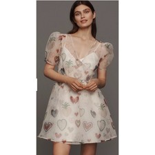 FARM Rio Semi-Sheer Puff-Sleeve Mini Dress White Heart Pineapple Print V-Neck M