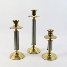 Set Of 3 Brass And Silver Tone Metal Graduated Size Candlesticks 6-10.25 Inch