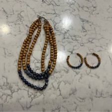 Beaded Brown  Blue Layered Necklace and Earrings Set