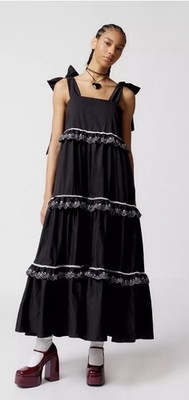 Sister Jane Coronet Embroidered Maxi Dress Flowy Scalloped Tiered Bows New M
