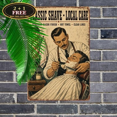 Classic Shaving Scene Illustration Vintage Barber Shop Poster Metal Tin Sign Art