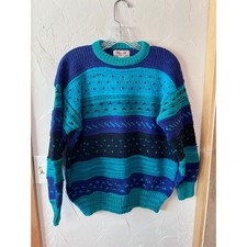 Vintage Nomad Traders Peru Wool Knit Sweater Blue Teal Geometric Pattern Sz L