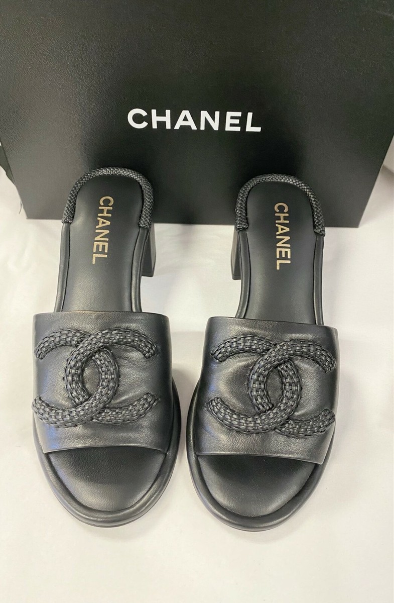 CHANEL Black Braided CC Block Heel Mule Lambskin Leather CHANEL Black Braided CC Block Heel Mule Lambskin Leather