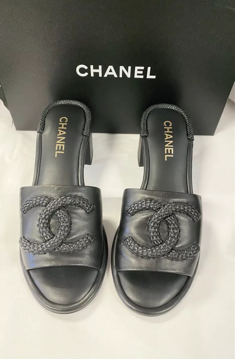 CHANEL Black Braided CC Block Heel Mule Lambskin Leather Sandals 40.5 (9.5  US)