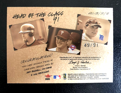2005 Fleer Flair Head Of The Class 1991 Triple HOF Relic Bagwell Thome Rodriguez - Picture 2 of 2