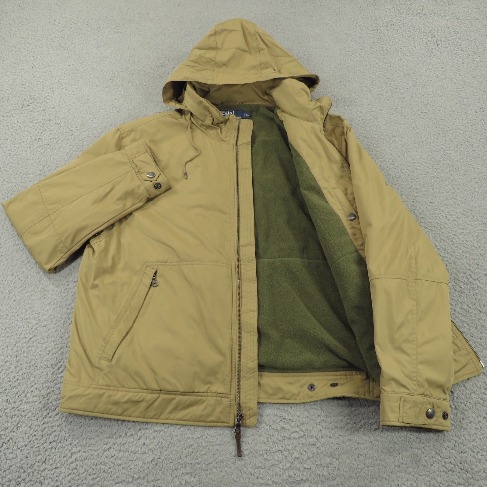 Giacca Polo Ralph Lauren vintage uomo XL kaki blu navy pony foderata in pile cappuccio rimovibile