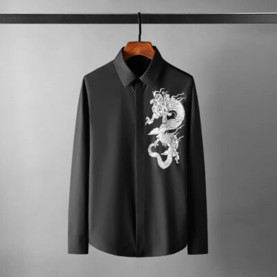 Elegant Men Luxury Dragon Trend Printed Party Long Sleeve Slim