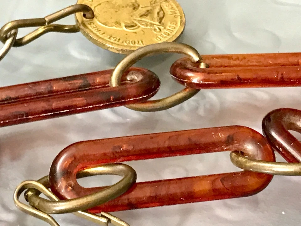 Cinturón de eslabones ámbar sintético vintage colgante cadena latón ajuste 25"-30" longitud Foto 3 de 4