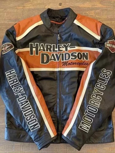 Harley Davidson Men's Cruiser Orange Motorcycle 100% Leather Biker Safety Jacket