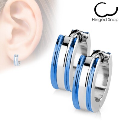 316L Surgical Stainless Steel Blue Striped Hoop Earrings (Men or Women) 