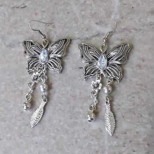 Used Unbranded, Dangling Butterfly Earrings in Silver Setting, 2½ in. long