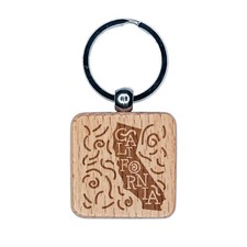 California State with Text Swirls Engraved Wood Square Keychain Tag Charm