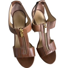 Michael Kors Berkley Brown Leather Platform Sandals with Gold Zipper