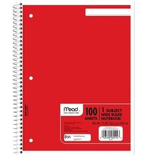 Mead 1-Subject Spiral Notebook 8"X10-1/2" Asst Colors 100 Sheets School Office
