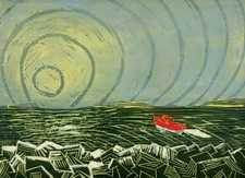 SUNRISE SUNSET; RED FISHING BOAT -  OCEAN SCENE. ORIGINAL LINOCUT Signed.