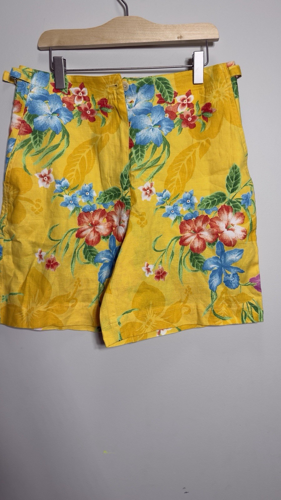 VTG LAUREN RALPH LAUREN Womens Sz 4 Yellow Hawaiian Floral 100% Linen Shorts EXC