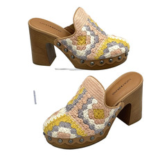 Lucky Brand Immia Heels Womens 7.5 Multicolor Crochet Mule Clogs Boho Platform