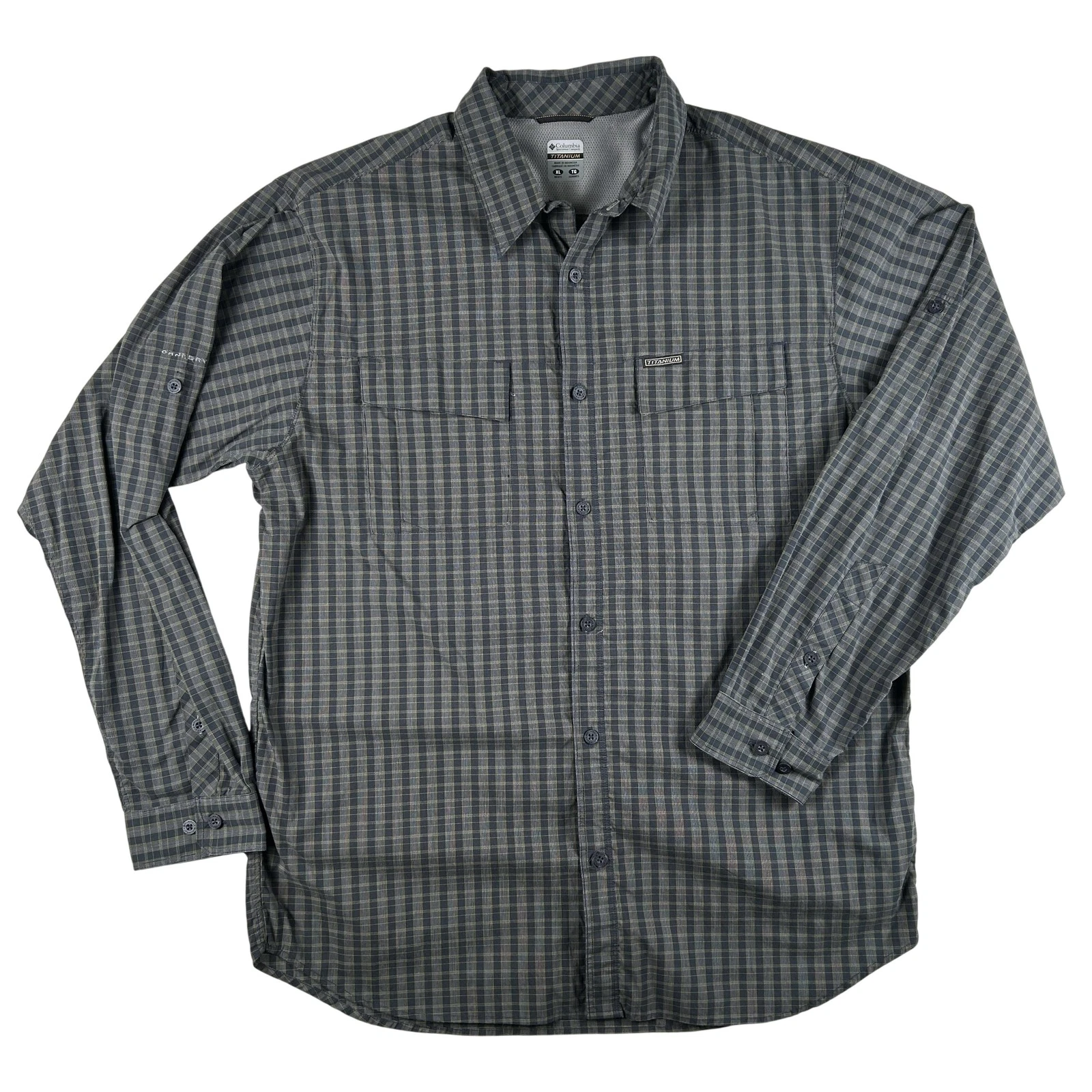 Columbia Shirt Mens XL Gray Check Long Sleeve Button Up Titanium Omni-Dry Hiking