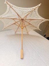 Vintage Wood Doll Parasol Umbrella Crochet Lace 13.5  Tall