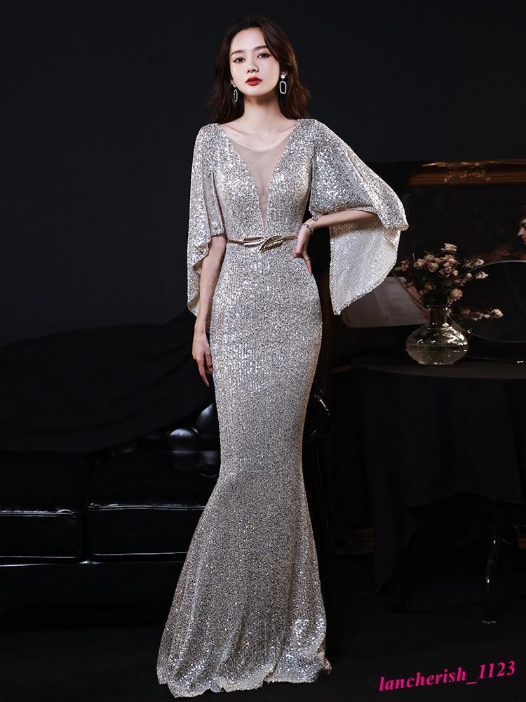long sleeve silver sequin prom dress Gorgeous Silver V-Neck Long Sleeves Sequined Prom Dress