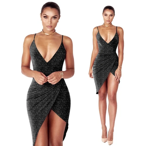 Women's V-neck Glitter Pleated Asymmetric Sheath Spaghetti Slip Dress Clubwear- - Bild 14 von 23