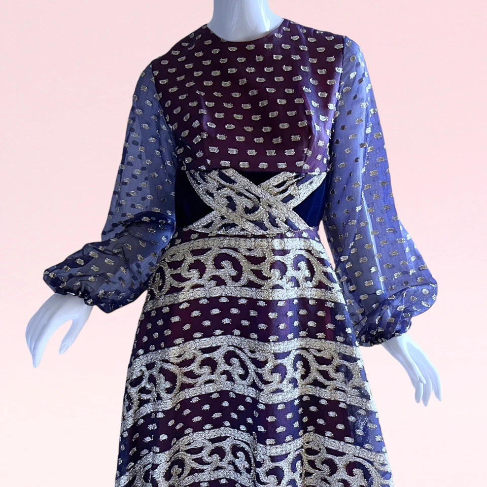 Vestido de noche de fiesta blusa de gasa metálica sin etiqueta de Gino Charles de colección de los años 70 Foto 3 de 4