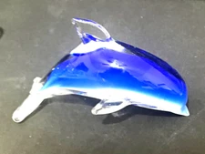 Blue Dolphin Blown Glass  Clear & White 5.75"L x 3"W Paperweight Decor Gift