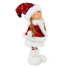 STPGOODS Red Sequin Santa Girl Figurine, Christmas Tree Doll, Winter Decor 17"