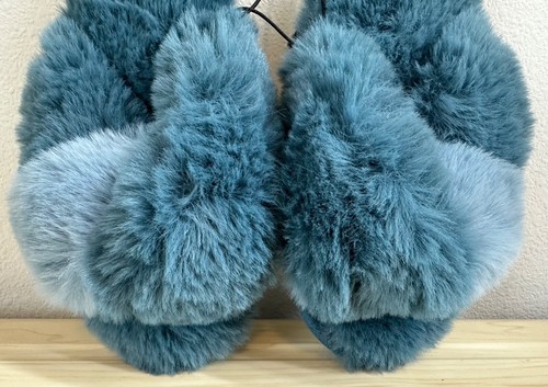 Jenni Women's Cross-band Faux-Fur Green/Gray Solid Slippers Size S (5-6) - Picture 3 of 8