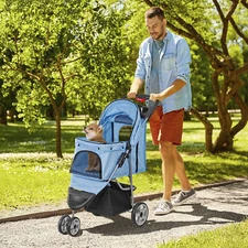 3-Wheel Pet Stroller Foldable Dog Cat Stroller Cart Stroller w/Cup Holder Blue