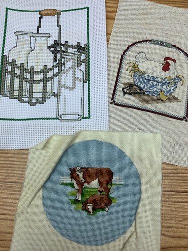 3 Pc Farmhouse Country Style Needlepoint Handmade Cow Chicken Milk Bottles Art
