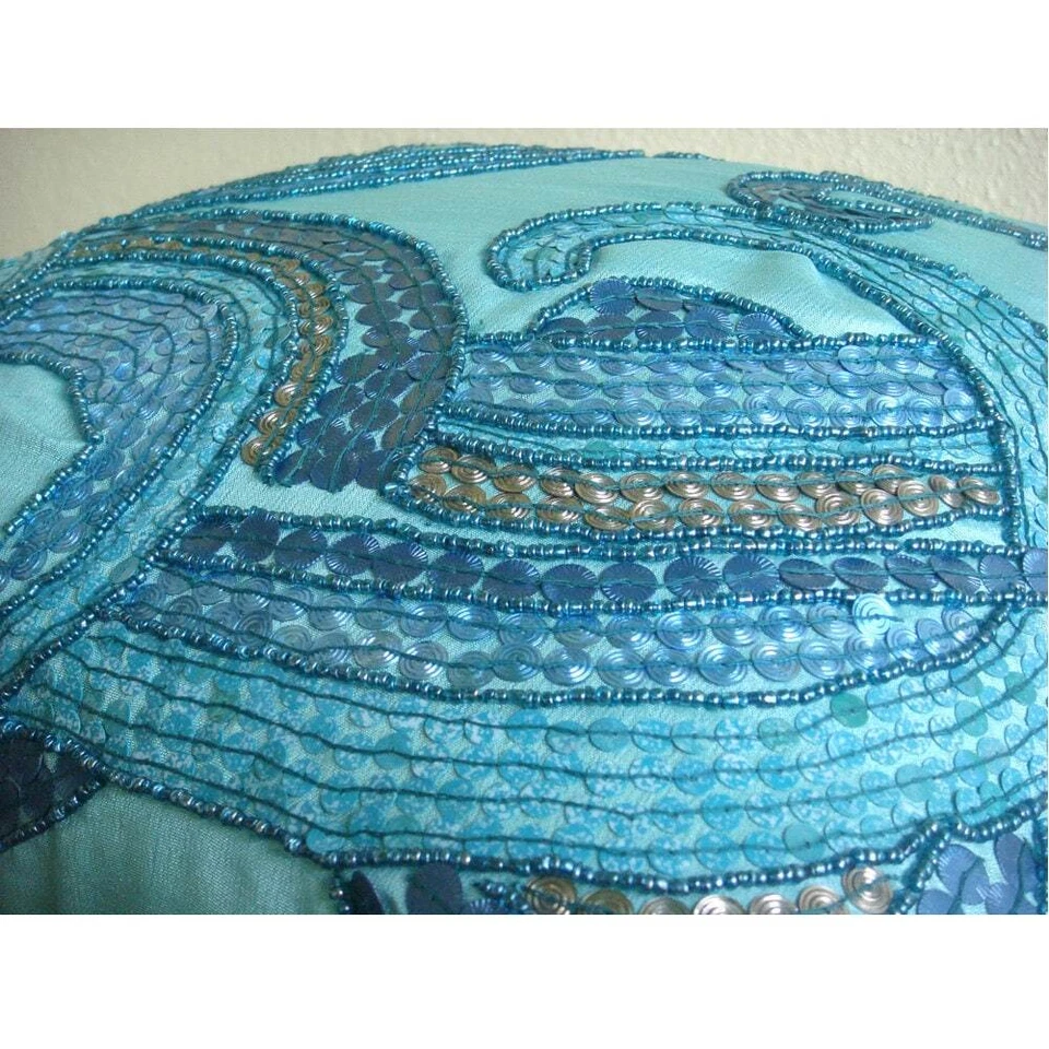 Pillow Cover Blue 16"x16", Couch Decor Silk Waves Sequins Embellished - Tides - Image 2 of 3
