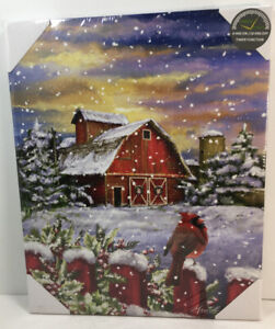 Snowy Barn Fence Cardinal Lighted LED Canvas Picture Art Home Timer 17 x 13.75
