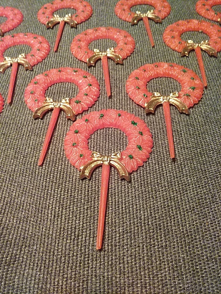 Lote De 12 Coronas Florales Rojas Coronas De Navidad De Colección Años 60 Corona De Navidad Plástico Cupcakes🎄 Foto 4 de 4