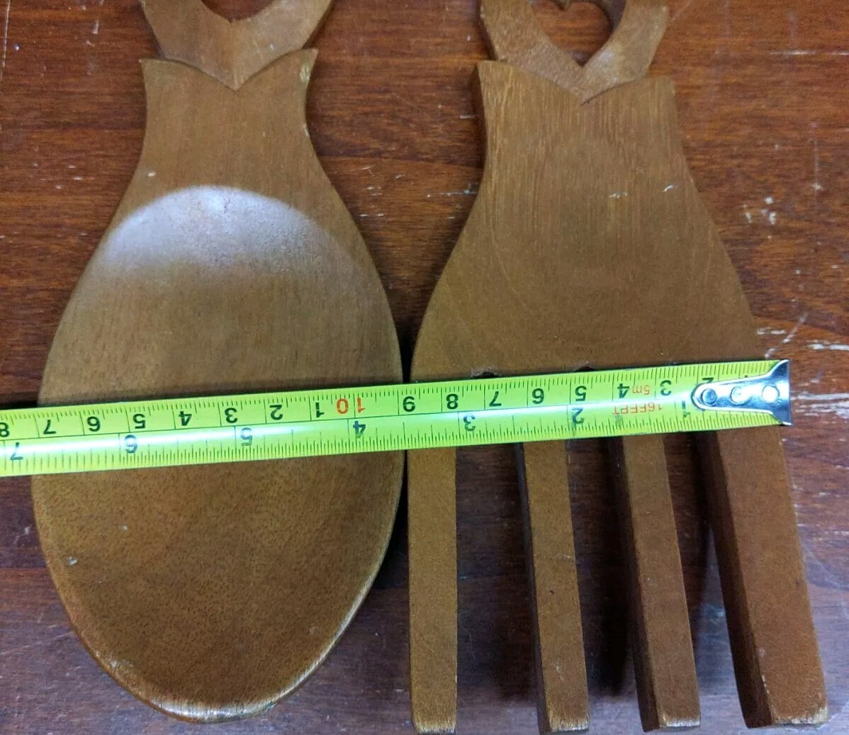 Vintage Hand Carved Flower + Heart Wooden Spoon & Fork Wall Decor For Salads 16"
