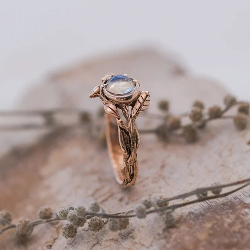 Engraved 14K Rose Gold Plated Silver Natural Moonstone Art Nouveau Cocktail Ring - Picture 4 of 7